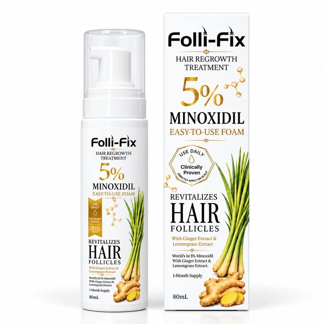 Folli-Fix foam bottle and box, front view