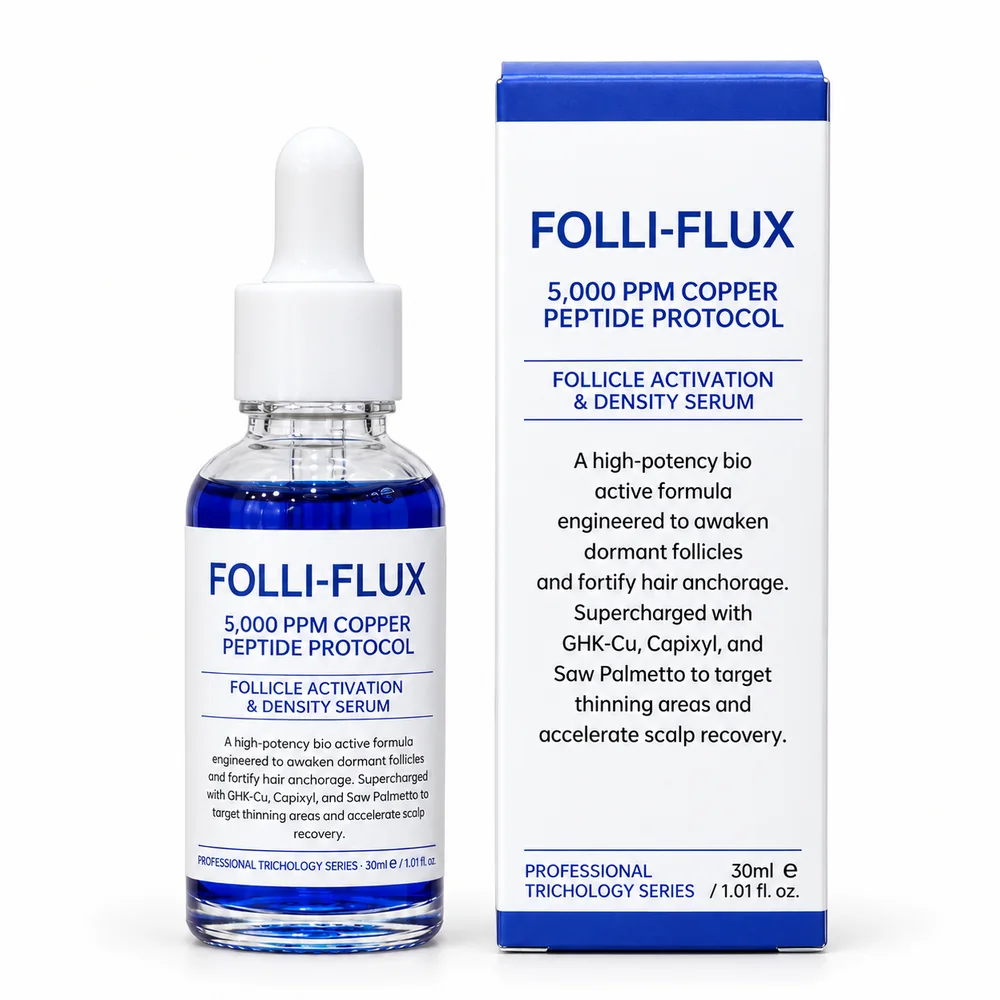 Folli-Flux blue dropper bottle and carton, front view