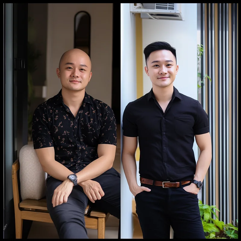 Client before and after a hair system fitting