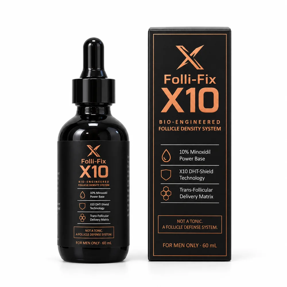 Folli-Fix X10 dropper bottle and box, front view